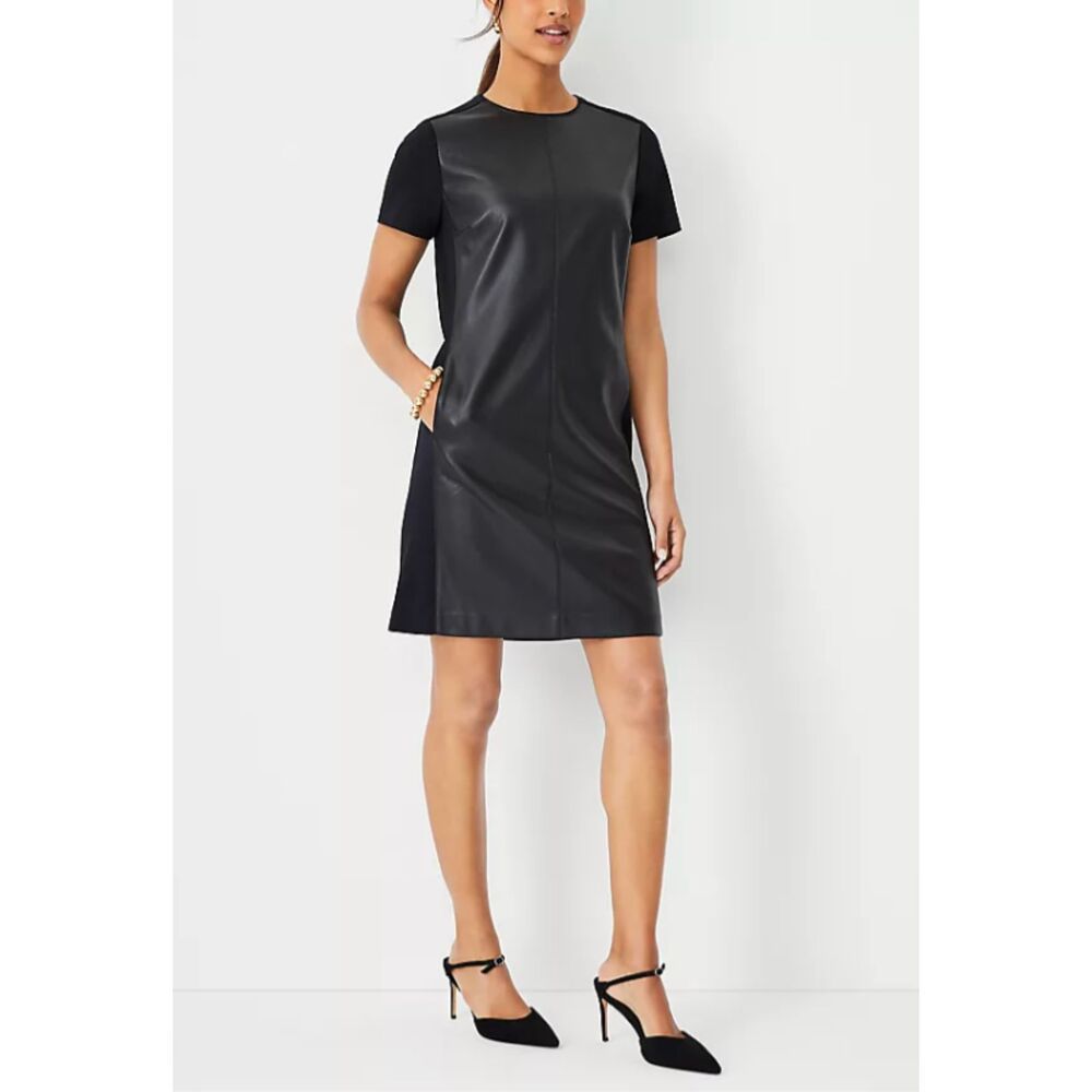 Ann Taylor Faux Leather Mixed Media Shift Dress, Med, NWT